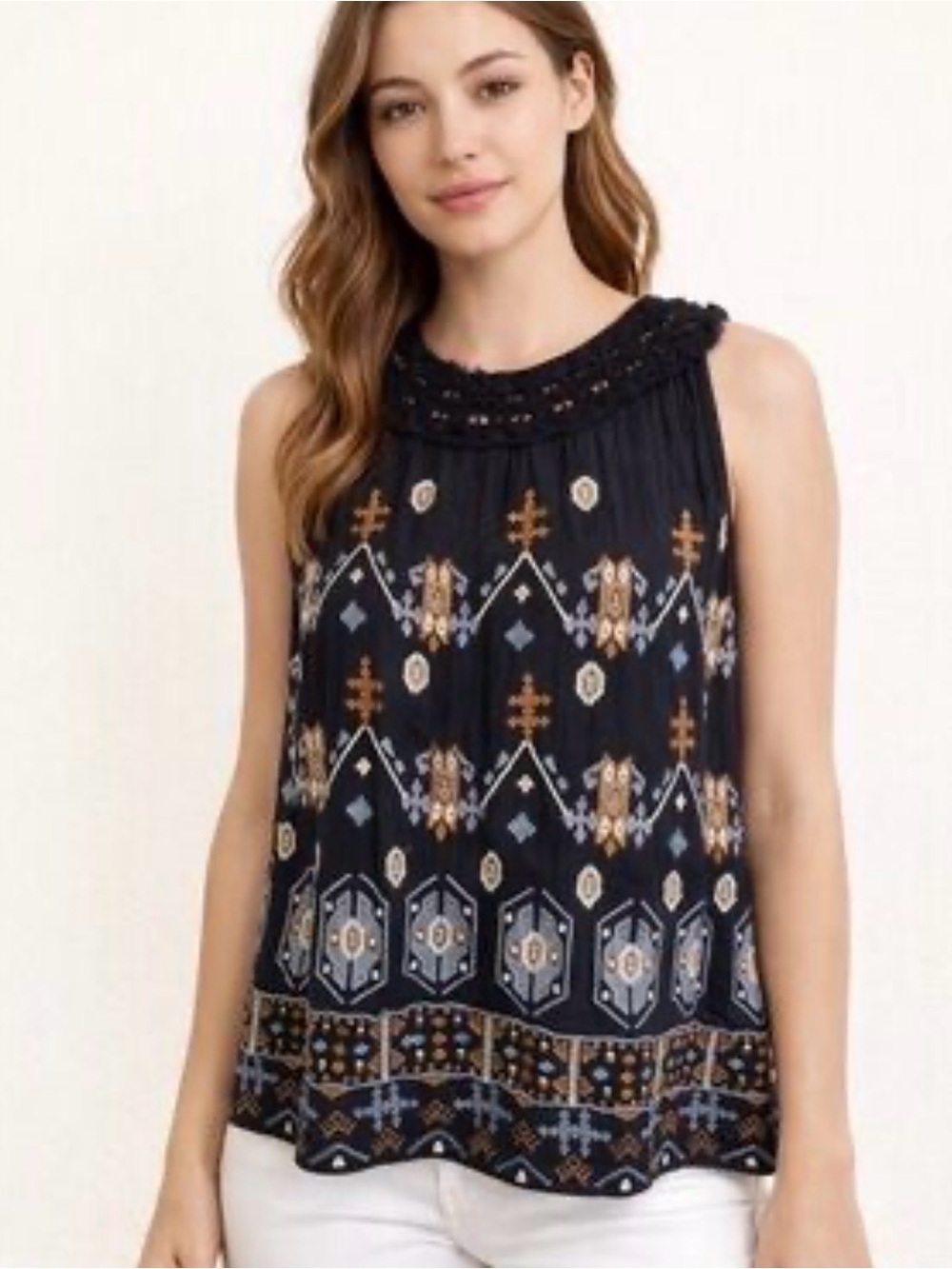Anthropologie Akemi Kin Black Tank Top Sz XS Embroidery w Metal Accents Beads